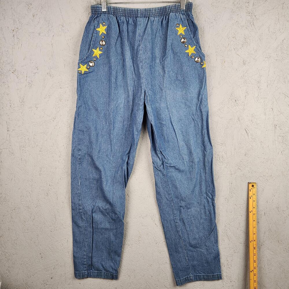Vintage Gepetto Pants Womens Medium Denim Elastic Waist Stars Stones USA 90s 80s
